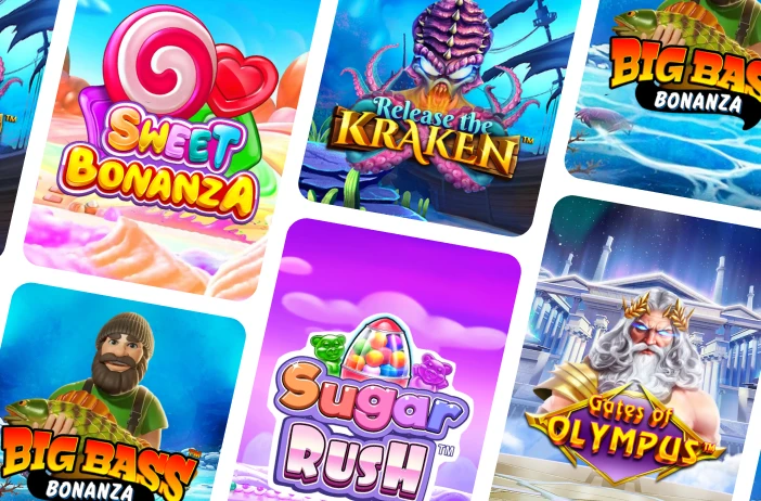 Jogos disponíveis - Sweet Bonanza, Sugar Rush, Gates of Olympus, Big Bass, Release the Kraken